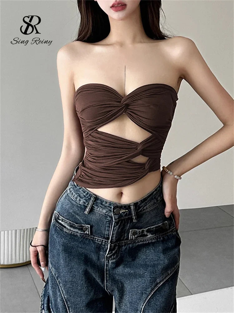 SINGREINY Sensual Strapless Solid Skinny Tank Tops Fashion Cross Short Slim Camisole Female Streetwear Irregular Sexy Tank Tops