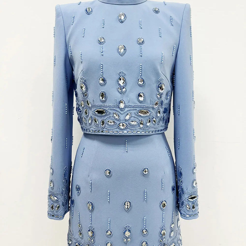 2025 Autumn Elegant Women's Nail Pearl Water Diamond Blue Skirt Sets O-neck Long Sleeve Hoodie Top+Mini Skirt Two Piece Set