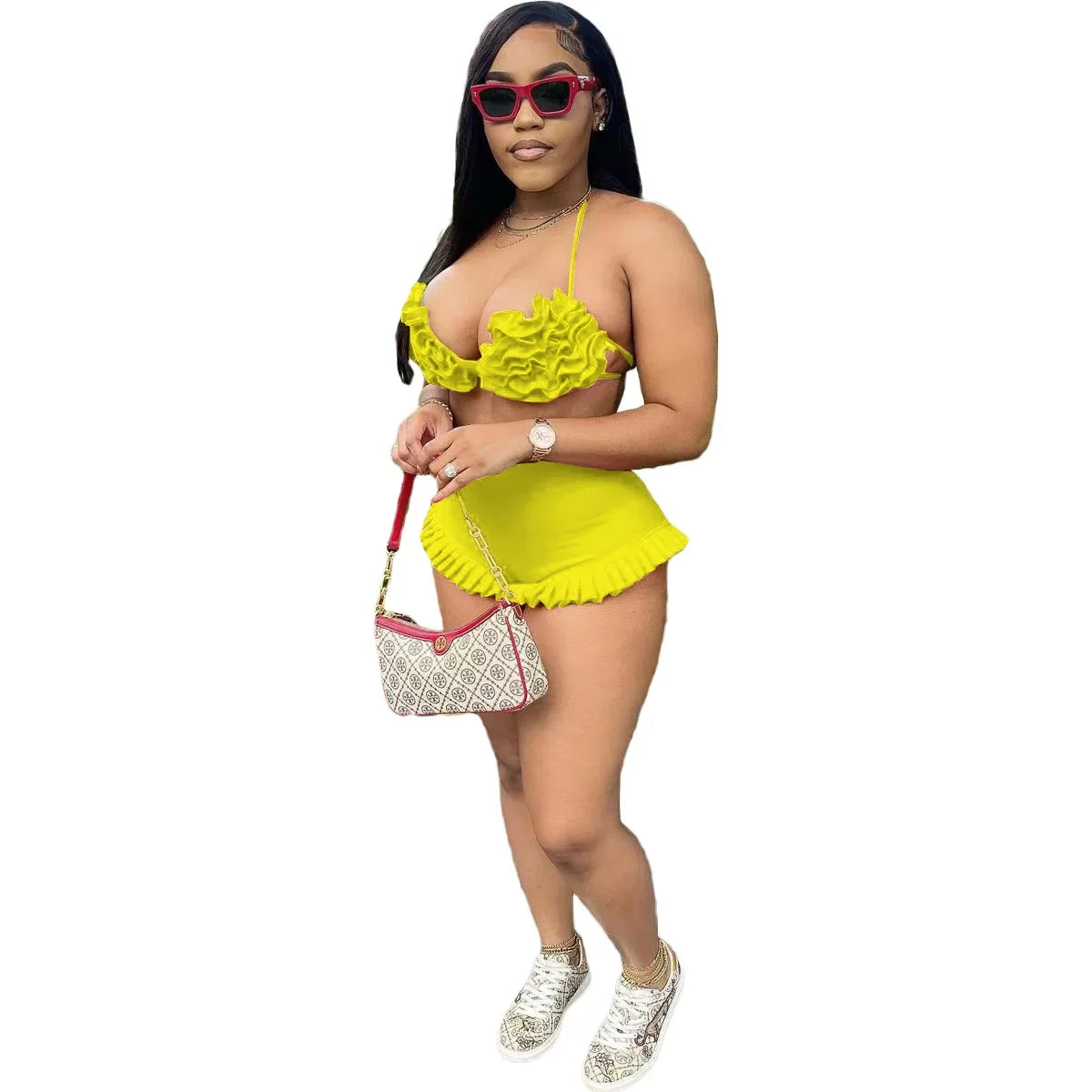Women's Set Ruffles Crop Top Bra and Shorts Bikini Set Streetwear Casual Two 2 Piece Outfits Summer 2024 Beach Holiday Yellow