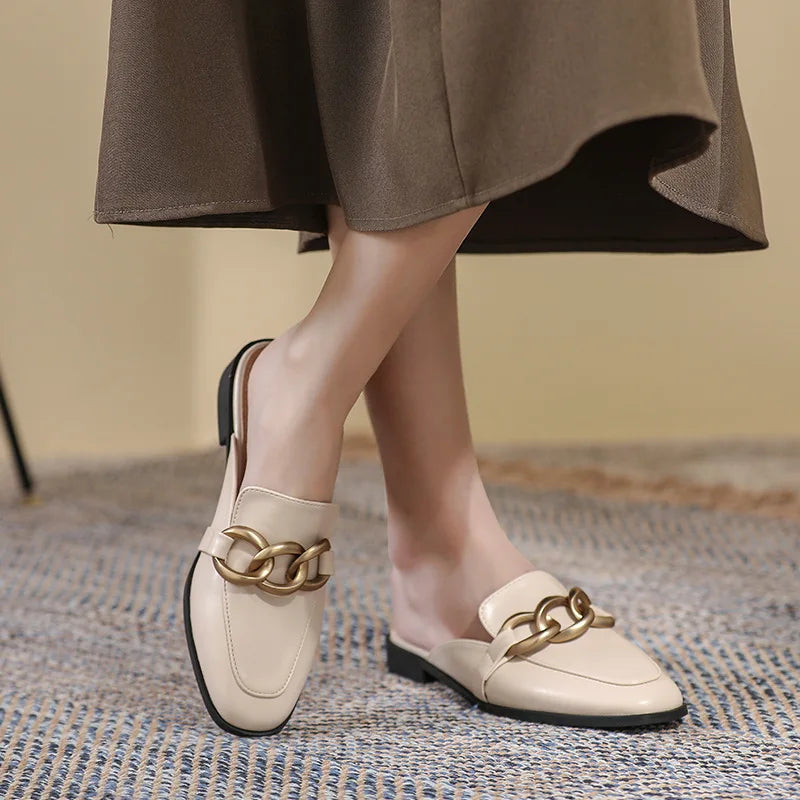 Woman mules fashion design Flat Square Toe Chain Backless Shoes Summer outdoor and indoor office wear White black free delivery
