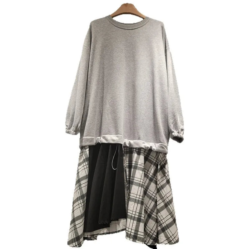 Autumn Winter New Fashion Plaid Fake Two-Piece Patchwork Sweatshirt Dress For Women Mid-Length Dresses Female 11A07720