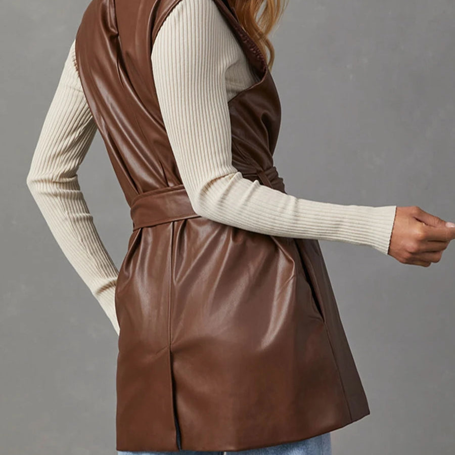 Women PU Leather Blazer Casual Sleeveless Lapel Collar Solid Color Jacket Autumn Outwear with Belt