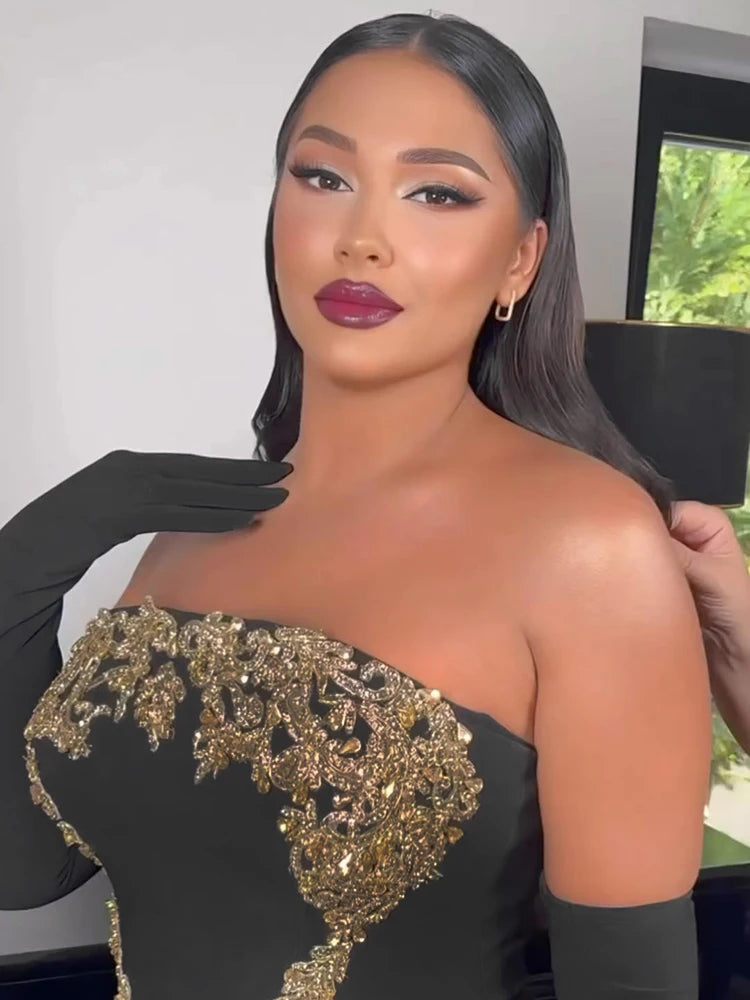 Glamorous Black Strapless Mermaid Dress with Crystal Embellishments for Gala Events Evening Gown