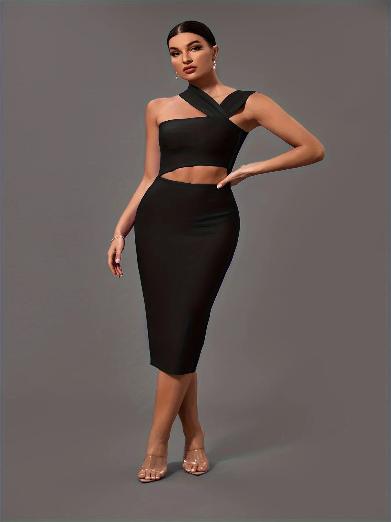 Black Bandage Dress Women Midi Party Dress Bodycon Elegant Halter Neck Sexy Cut Out Birthday Evening Club Outfits Summer