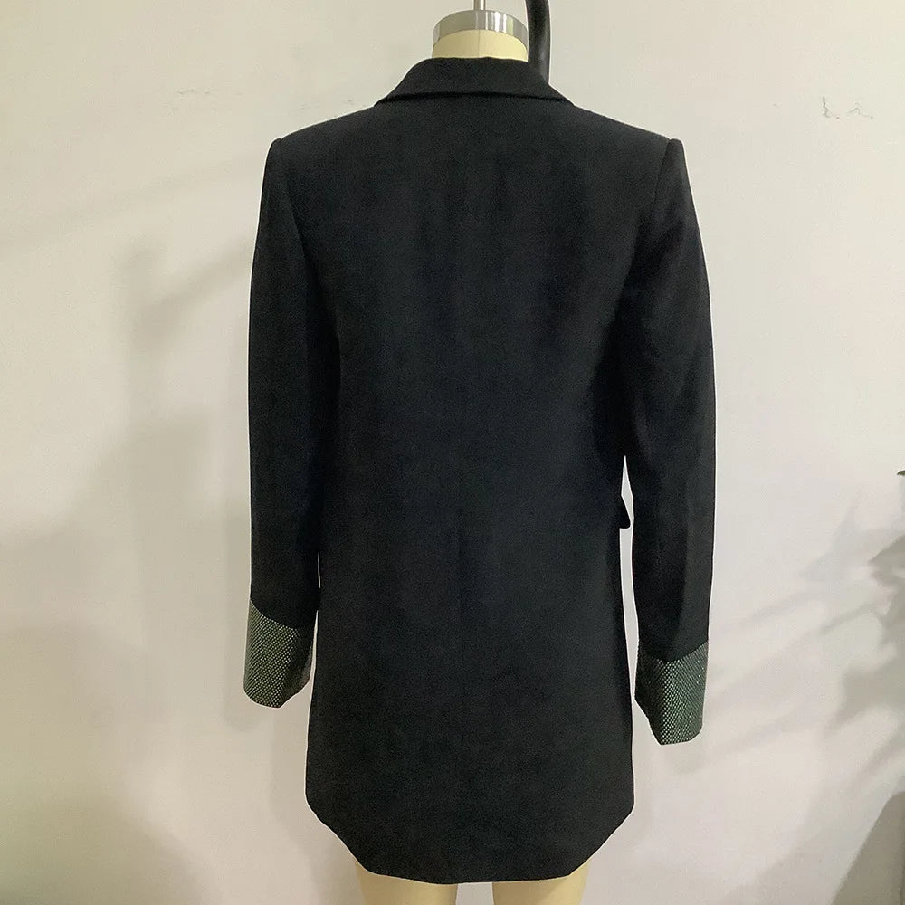 Solid Spliced Sequins Fashion Jackets for Women Lapel Long Sleeves Patchwork Single Breasted Elegant Jacket Female