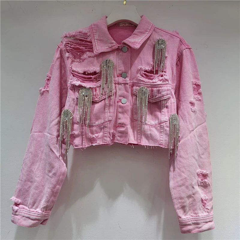 Autumn Winter New Fashion Heavy Industry Diamond High Waist Short Denim Coat For Women A-line Mini Skirts 11A07619 only Jacket