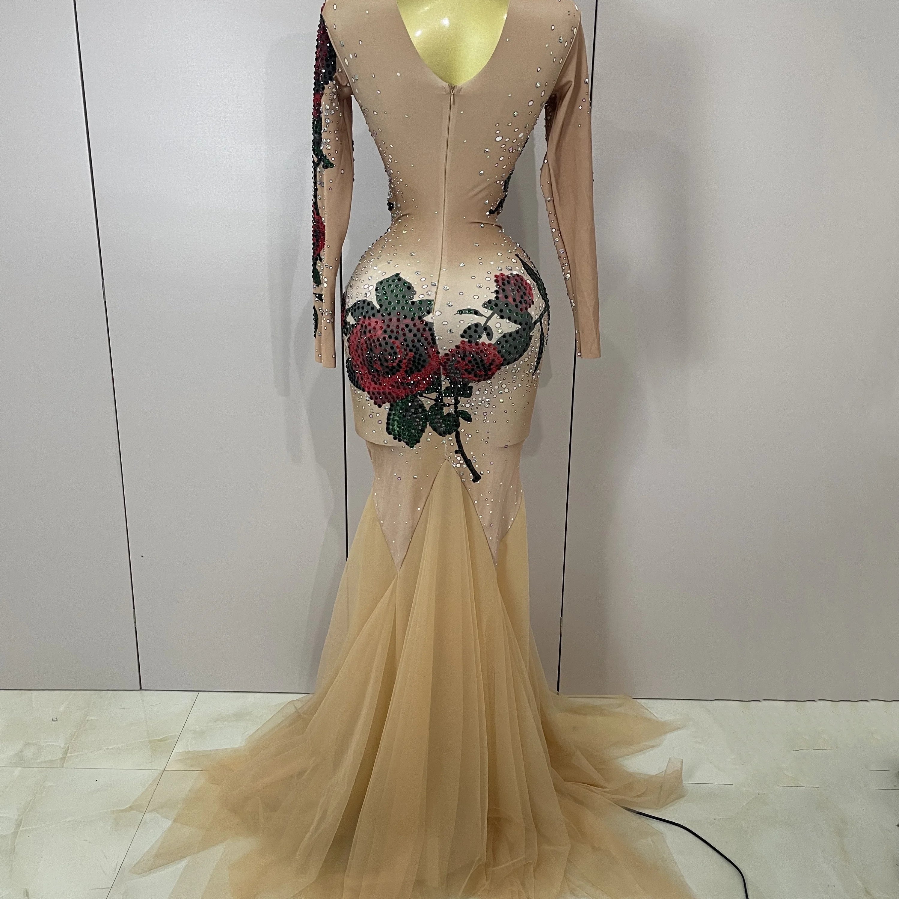 Sexy Shiny Rhinestone Rose Floral Floor-Length Dress Evening Women Eveing Celebrate Birthday Party Nightclub Performance Costume