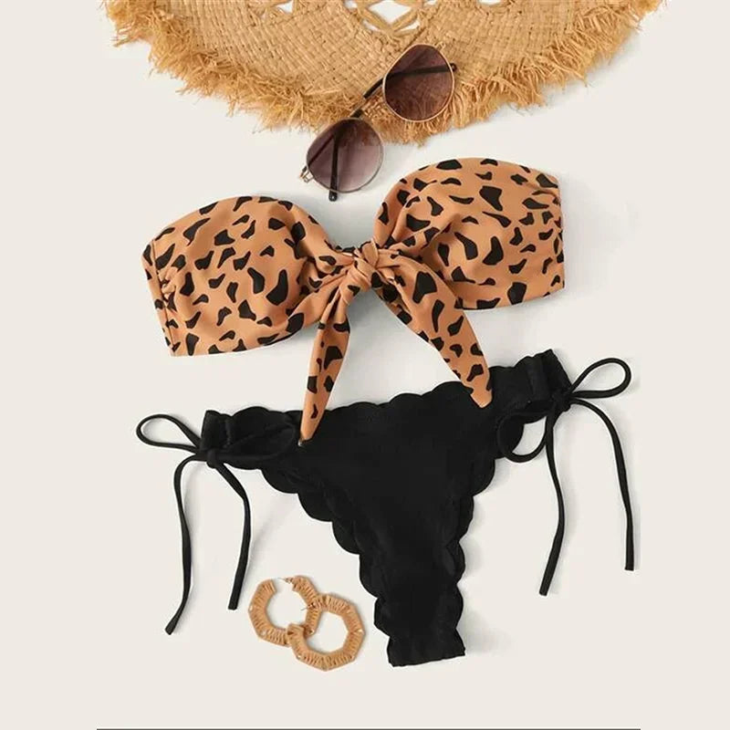 Beach Bikini Woman Sexy Front Lace Up Tie Strapless Leopard Swimsuit Female Push Up Ruffled Bow Bathing Suit Thong Swimwear