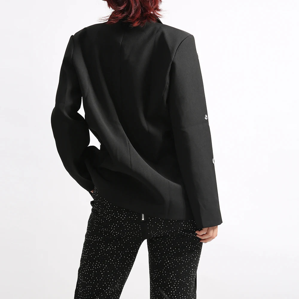 Solid Loose Spliced Bead Elegant Jackets for Women Lapel Long Sleeves Patchwork Button Jacket Female Clothing New