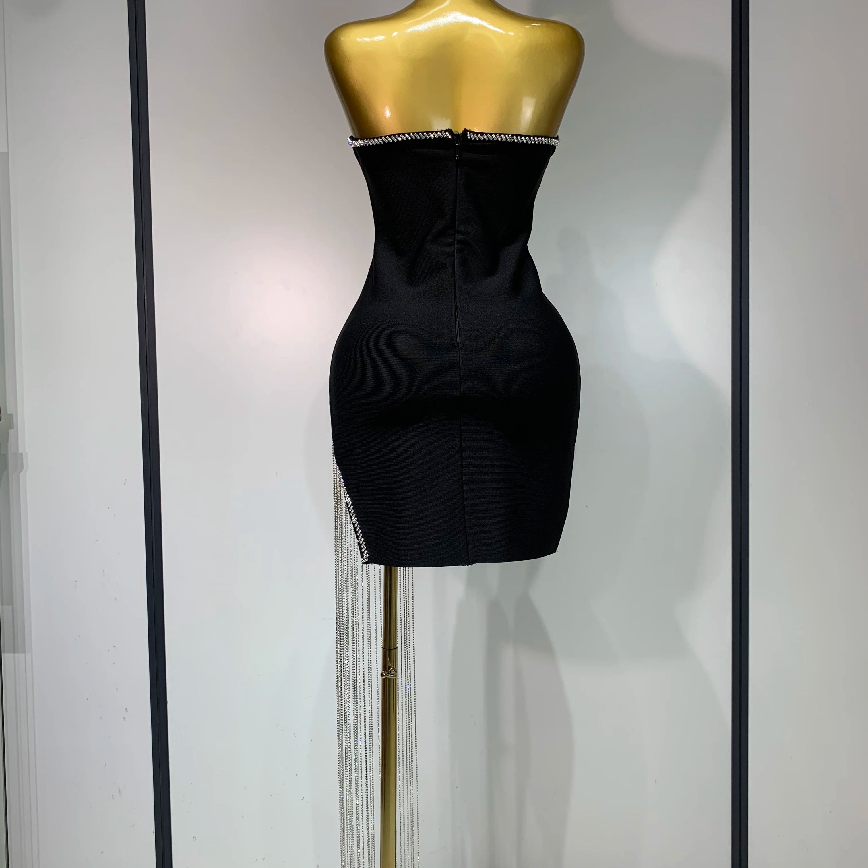 Women Celebrity Sexy Strapless Backless Black Diamond Tassels Mini Bodycon Bandage Dress 2025 Elegant Evening Club Party Dresses