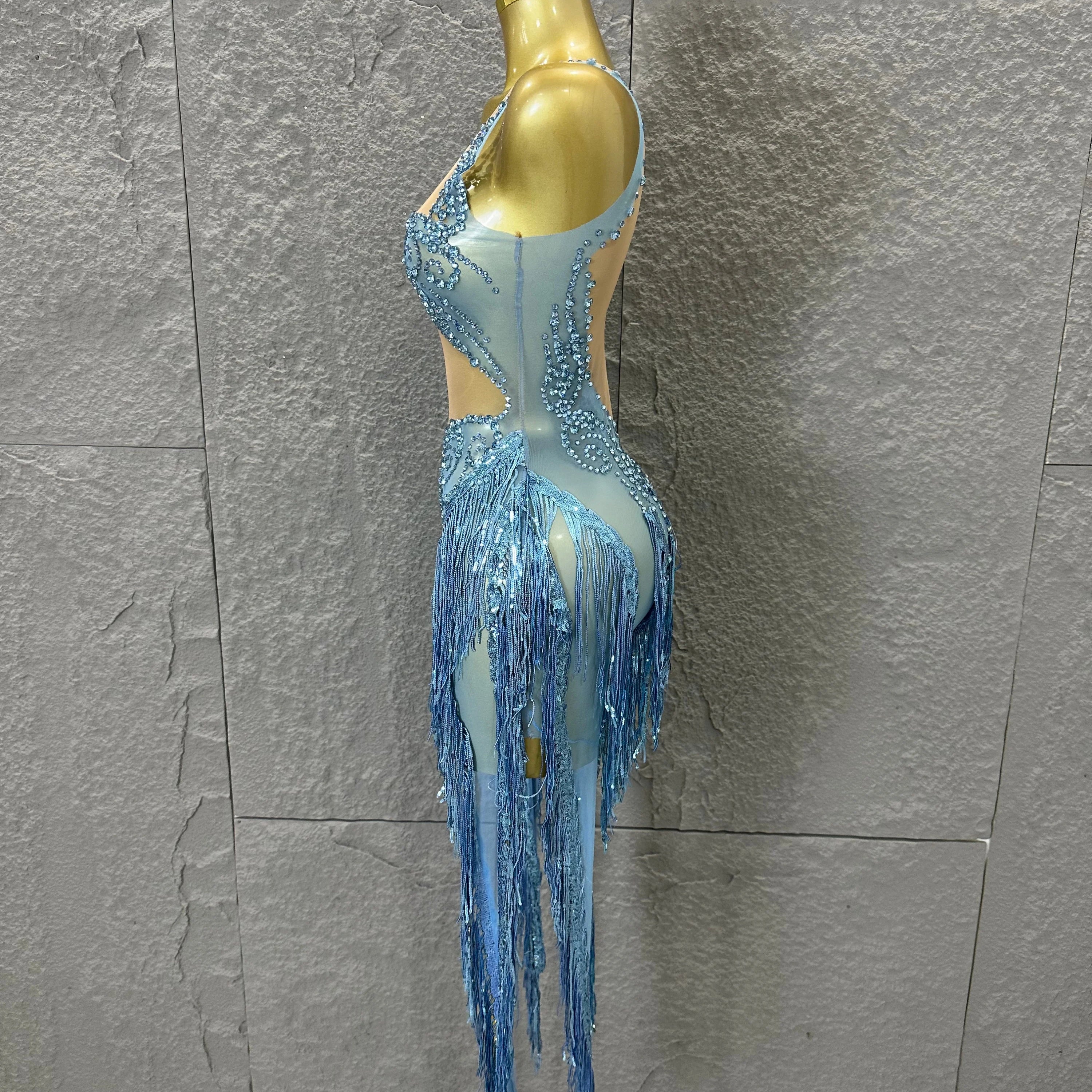 Refined Blue Spaghetti Strap Mini Dress Women Sheer Mesh Rhinestone Fringe Embellished Latin Dance Performance Costume