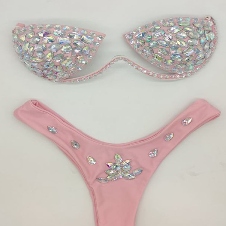 Women's Swimwear Bikini Swimsuit 2024 For Women Summer Beach Shiny Crystal Padded Push Up Bikinis Thong Bathing Sets Outfits Pink
