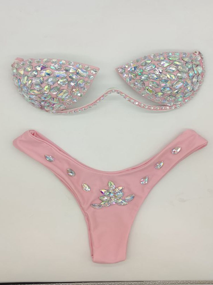 Women's Swimwear Bikini Swimsuit 2024 For Women Summer Beach Shiny Crystal Padded Push Up Bikinis Thong Bathing Sets Outfits Pink