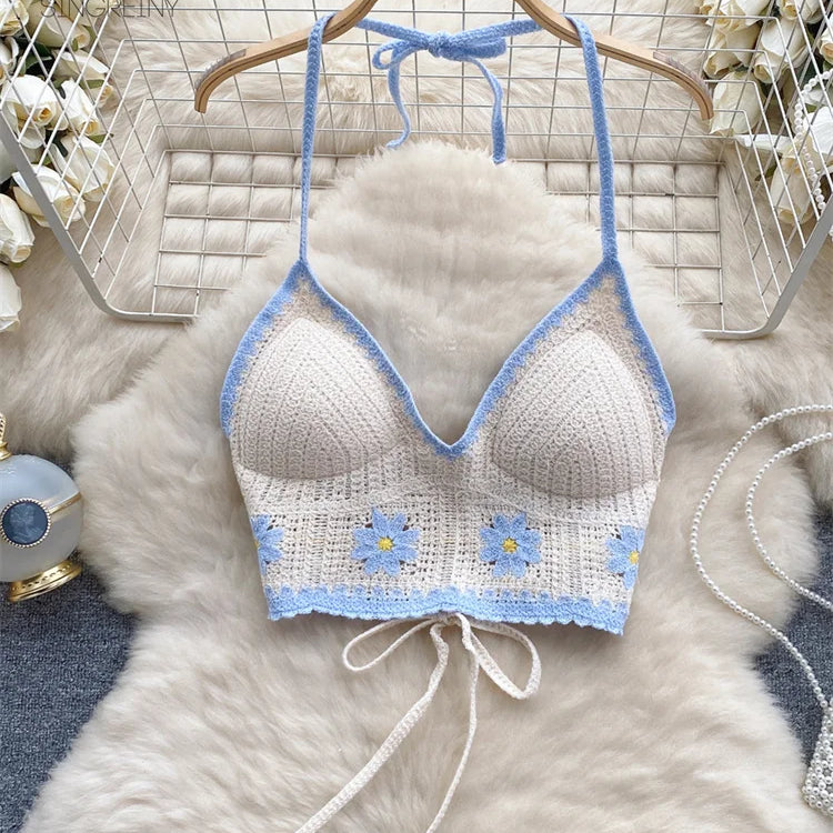 SINGREINY Floral Hook Knit Camisole Women Elegant Backless Fashion Vacation Ladies Backless Summer Bikini Sexy Beach Bra apricot One Size