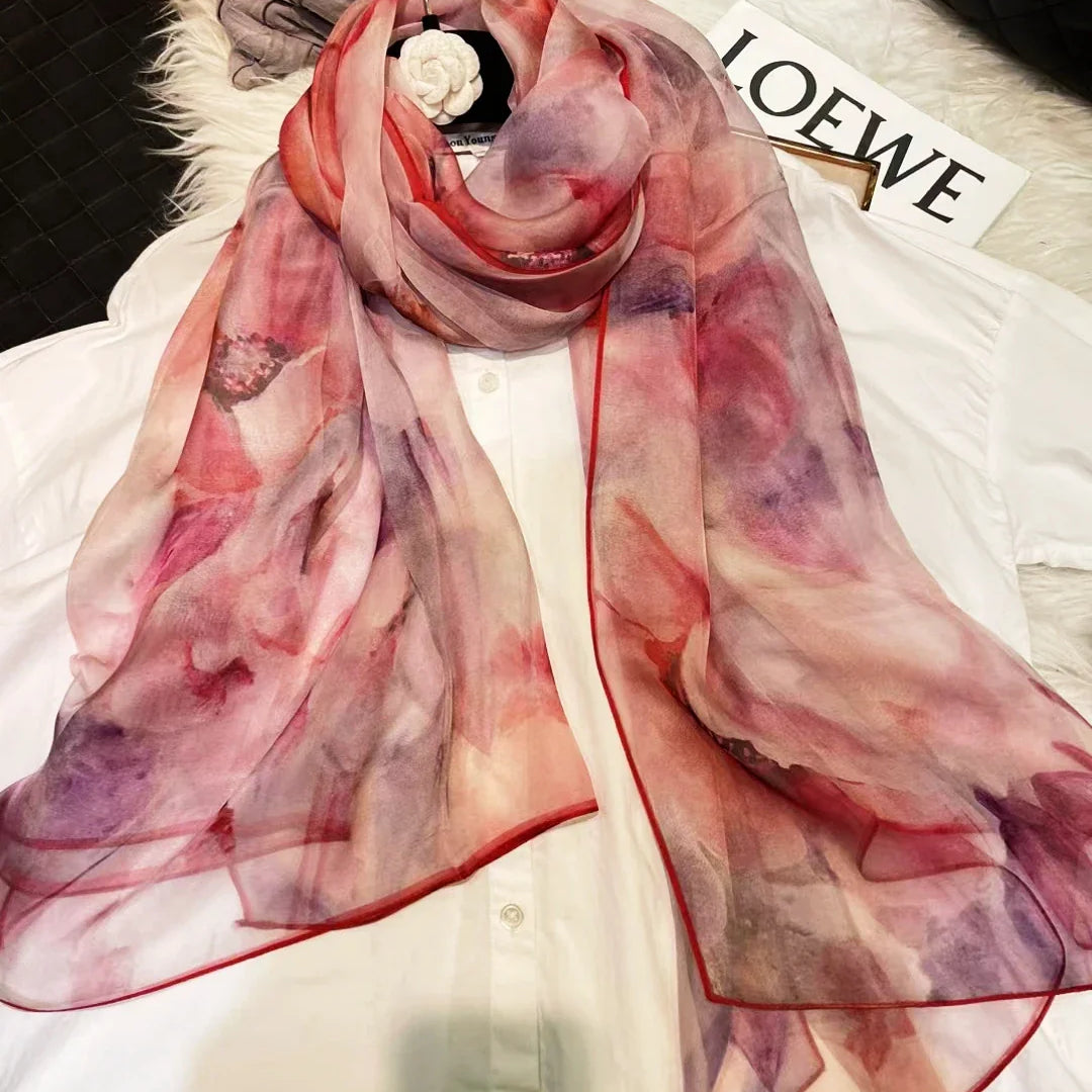 [BYSIFA] White 100% Silk Scarf Cape Fashion Floral Design Long Scarves Women Summer Utralong Beach Shawl Winter Scarves180*110cm pink tulip