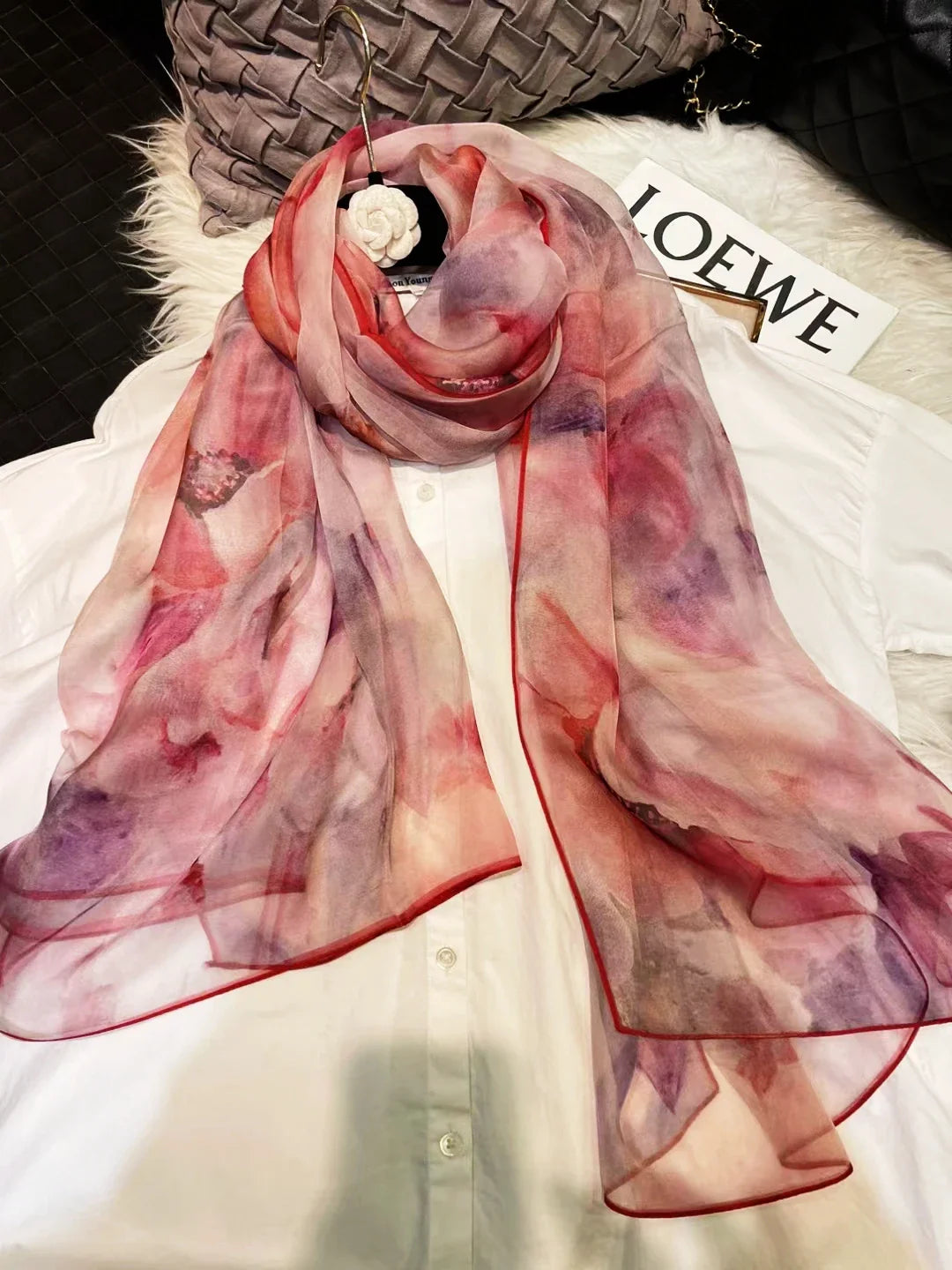[BYSIFA] White 100% Silk Scarf Cape Fashion Floral Design Long Scarves Women Summer Utralong Beach Shawl Winter Scarves180*110cm pink tulip