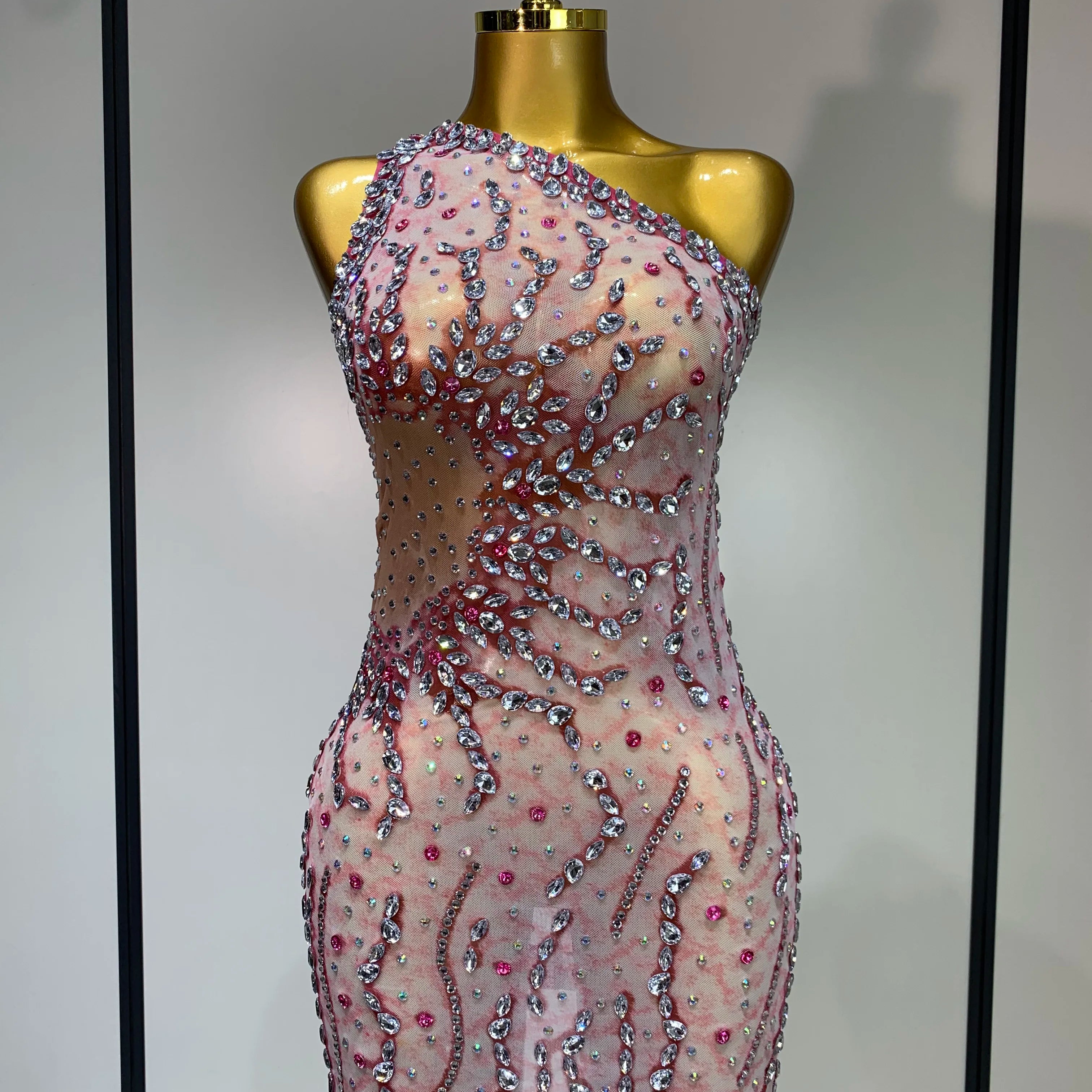 Women Sexy Mesh See Through Rhinestone Mini Dress Stage Dancer One Shoulder Stretch Night Club Party Birthday Dress Stage Outfit Pink