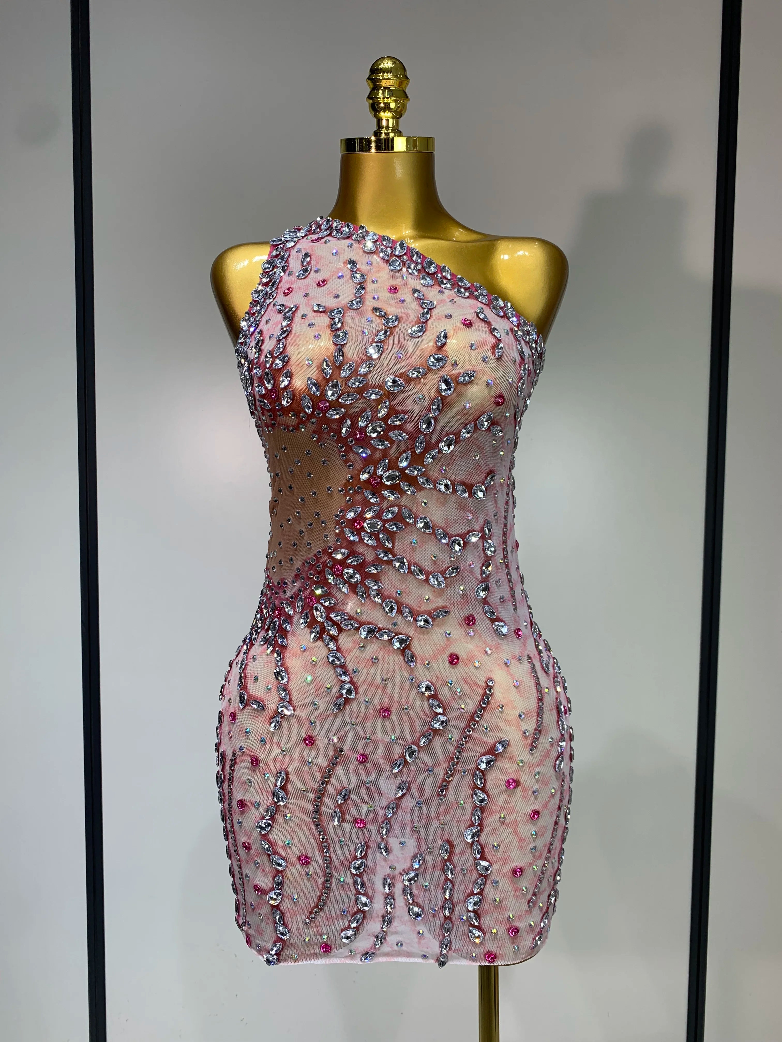 Women Sexy Mesh See Through Rhinestone Mini Dress Stage Dancer One Shoulder Stretch Night Club Party Birthday Dress Stage Outfit Pink