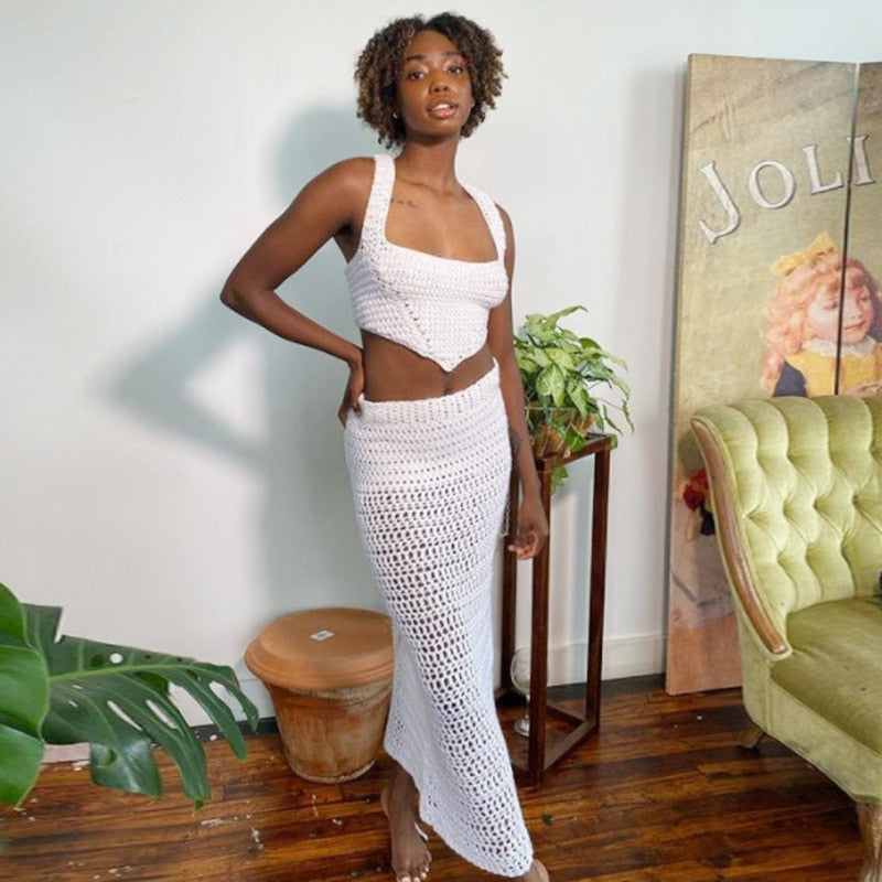 Two Piece Sets Summer Crop Top Maxi Skirt 2pcs Set Women High Street Elegant Party Outfit Sexy Knit Backless Tops Bodycon Skirt Ivory