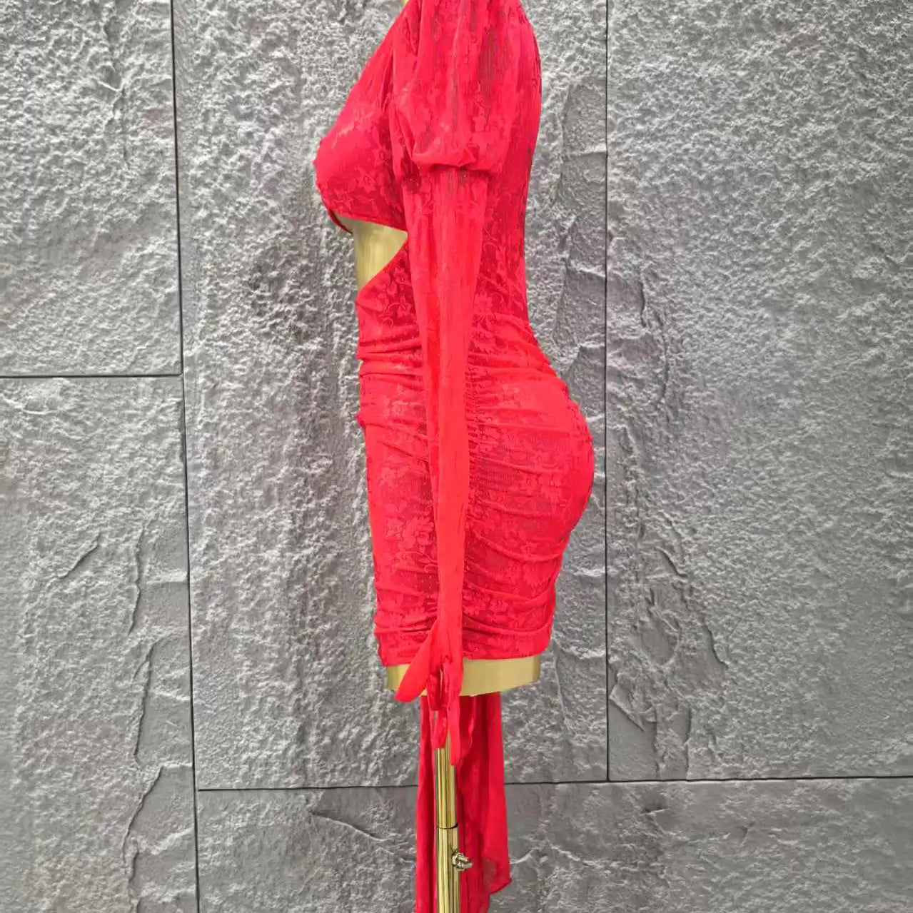 Red Color Christmas Style Women Long Sleeve Sexy Keyholes Bodycon Mini Dress Nightclub Party Celebrate Wedding Outfit