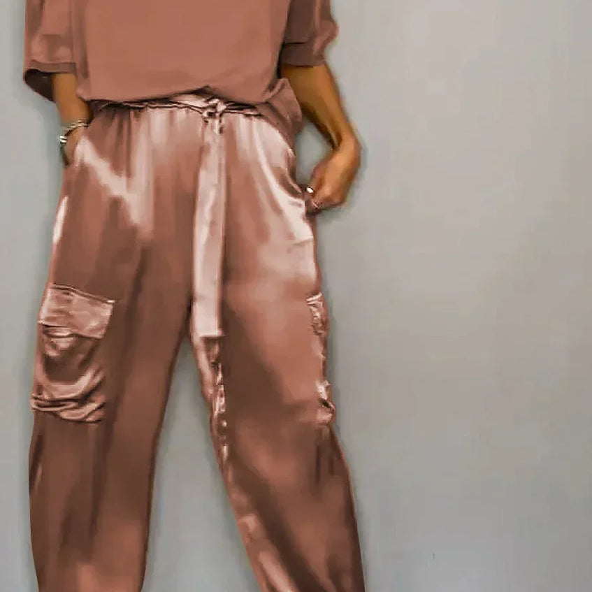 Summer Fashion Solid Satin Two Piece Set Women Round Neck Long Sleeved Top Long Pants Casual Loose Two Piece Set Women Dark Brown