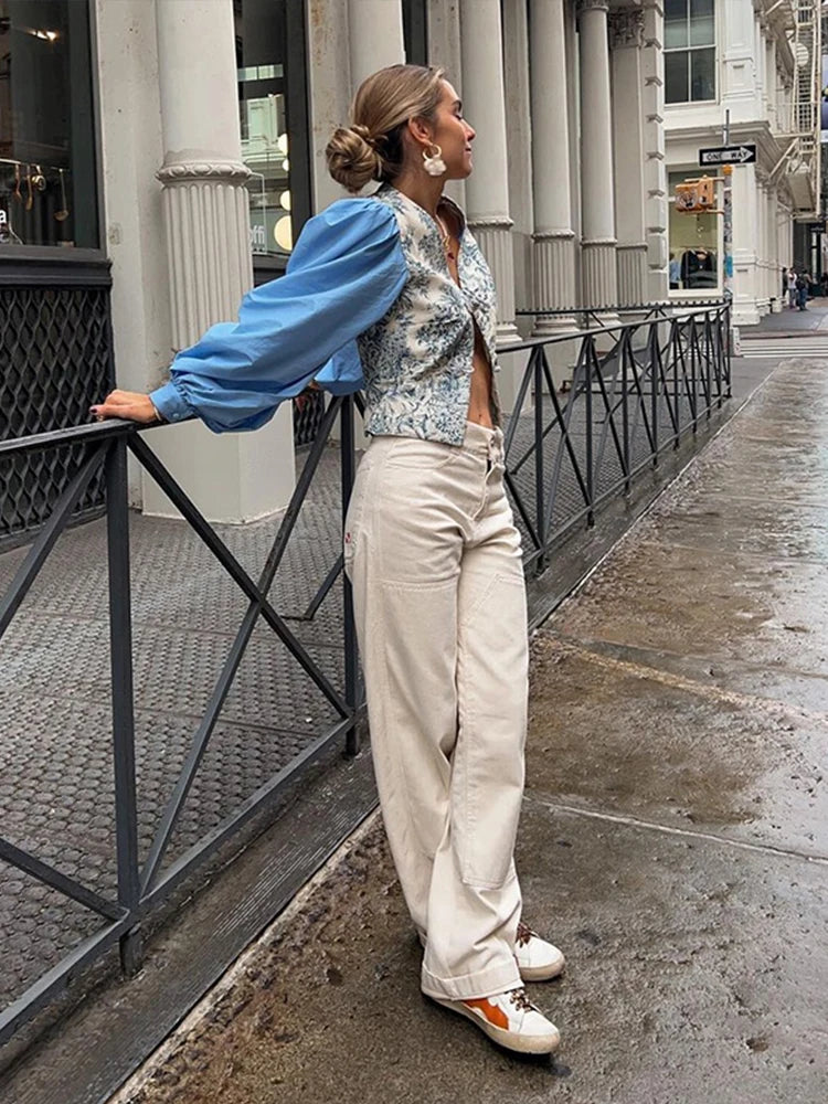 Chic Patchwork Print Floral Shirt Women V-neck Coil Buckle Lantern Sleeve Split Female Blouse Spring Summer Lady Streetwear