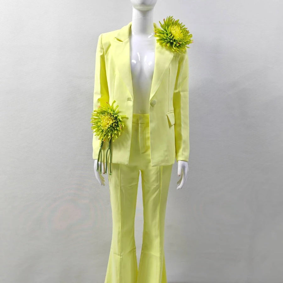 Solid Slimming Spliced 3D Flower Two Piece Sets for Women Lapel Long Sleeves Patchwork Button Top Pant Set Female