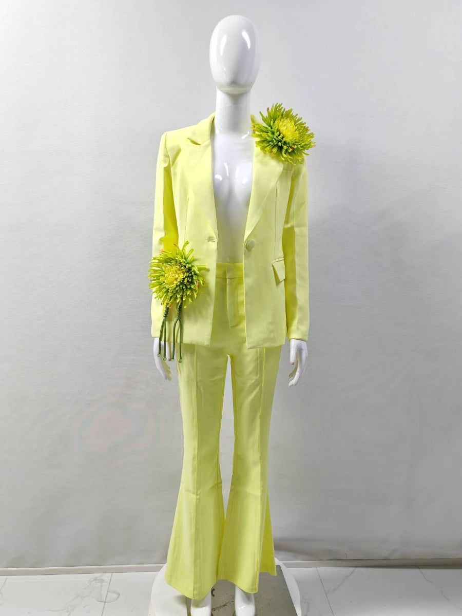 Solid Slimming Spliced 3D Flower Two Piece Sets for Women Lapel Long Sleeves Patchwork Button Top Pant Set Female