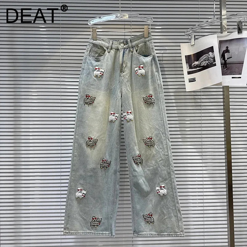 Autumn Winter New Heavy Industry Cartoon Rhinestone Embroidery Jeans For Women Straight Wide-leg Denim Pant 11A07802