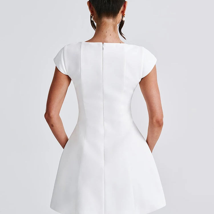 Square Collar Short Sleeve Mini Dress For Women Robe New Fashion Solid A-line Loose High Waist Short Dress Elegant