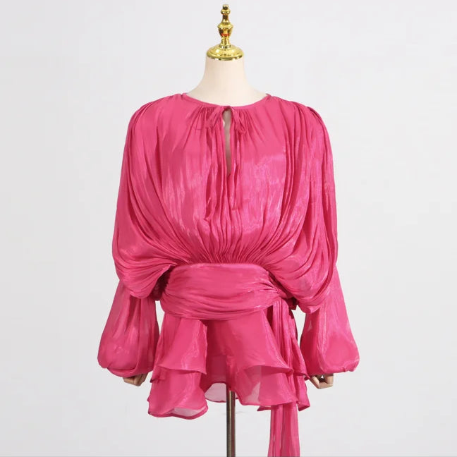 Solid Loose Spliced Lace Up Elegant Dresses for Women Round Neck Long Sleeves Patchwork Folds Dress Female Style ROSE