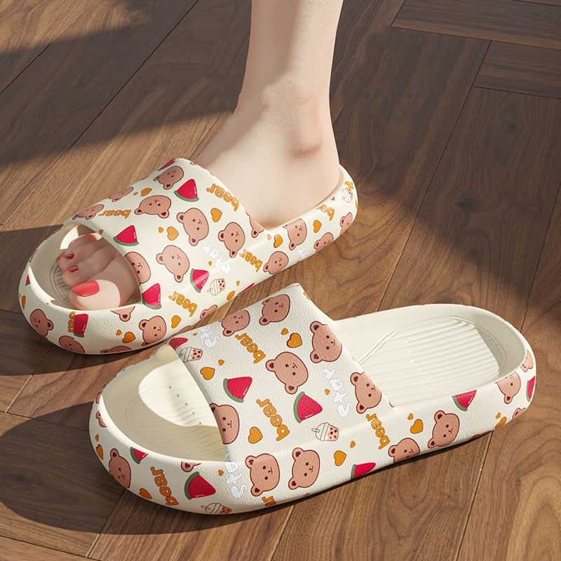 Solid Bear Slippers Cartoon Graffiti Shoes Women Summer Flip-Flops Beach Sandals Thick Platform Soft Cozy Casual Home Slippers