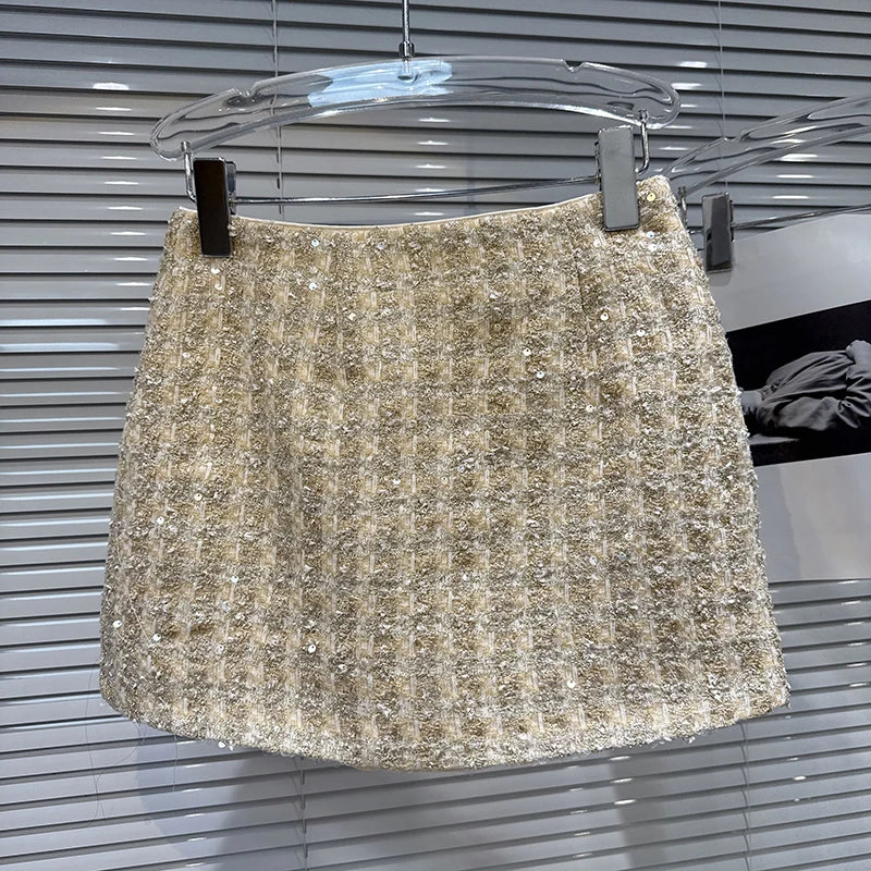 Winter New Fashion Style Sequin Woven Tweed Short Skirt For Women High Waist A-line Wrapped Hip Skirts 11A07805
