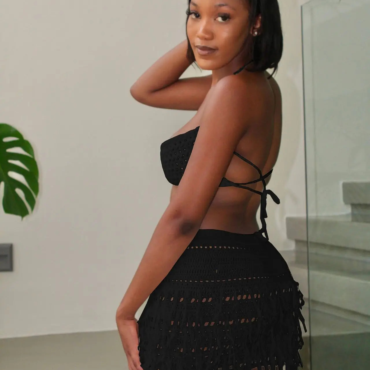 Beach Holiday Knit Crochet Tassel Women Two 2 Piece Set Outfits Bra Top and Mini Skirt Suit 2024 INS Street Dress Set