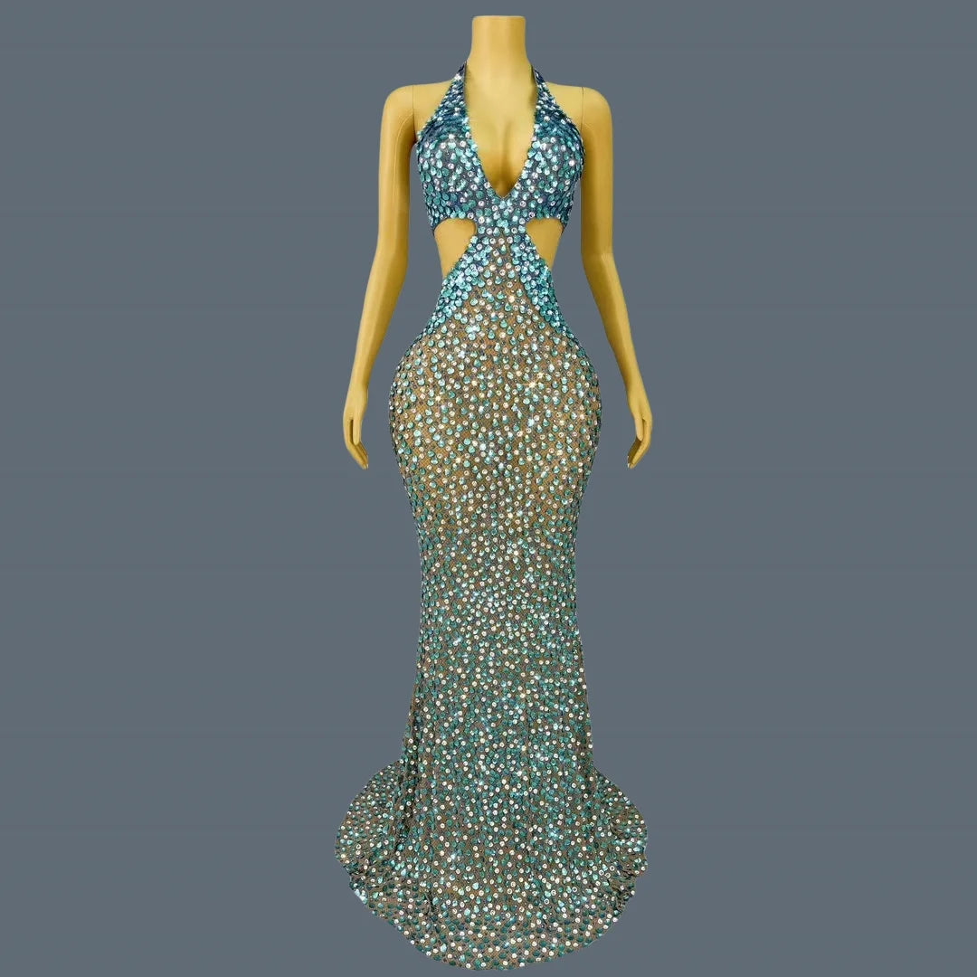 New Mermaid Blue Maxi Dress Shell Sequins Rhinestone Evening Gown for Women Luxury Ball Dress Deep V Neck Mesh Dress Beiduofen AS PHOTO