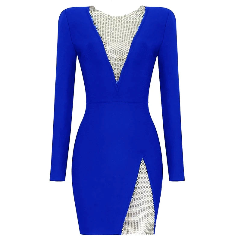 Black New Winter Black Beading Long Sleeve Dress Sexy Hollow Out Sheath Mini Club Celebrity Runway Party Dress Blue