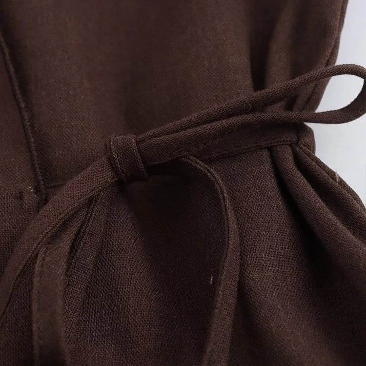 TRAF Fashion Linen 2 Pieces Women 2024 Spring Summer Kimono Style Loose Lace Up Shirts Tops Women's Wide Leg Pants Sets