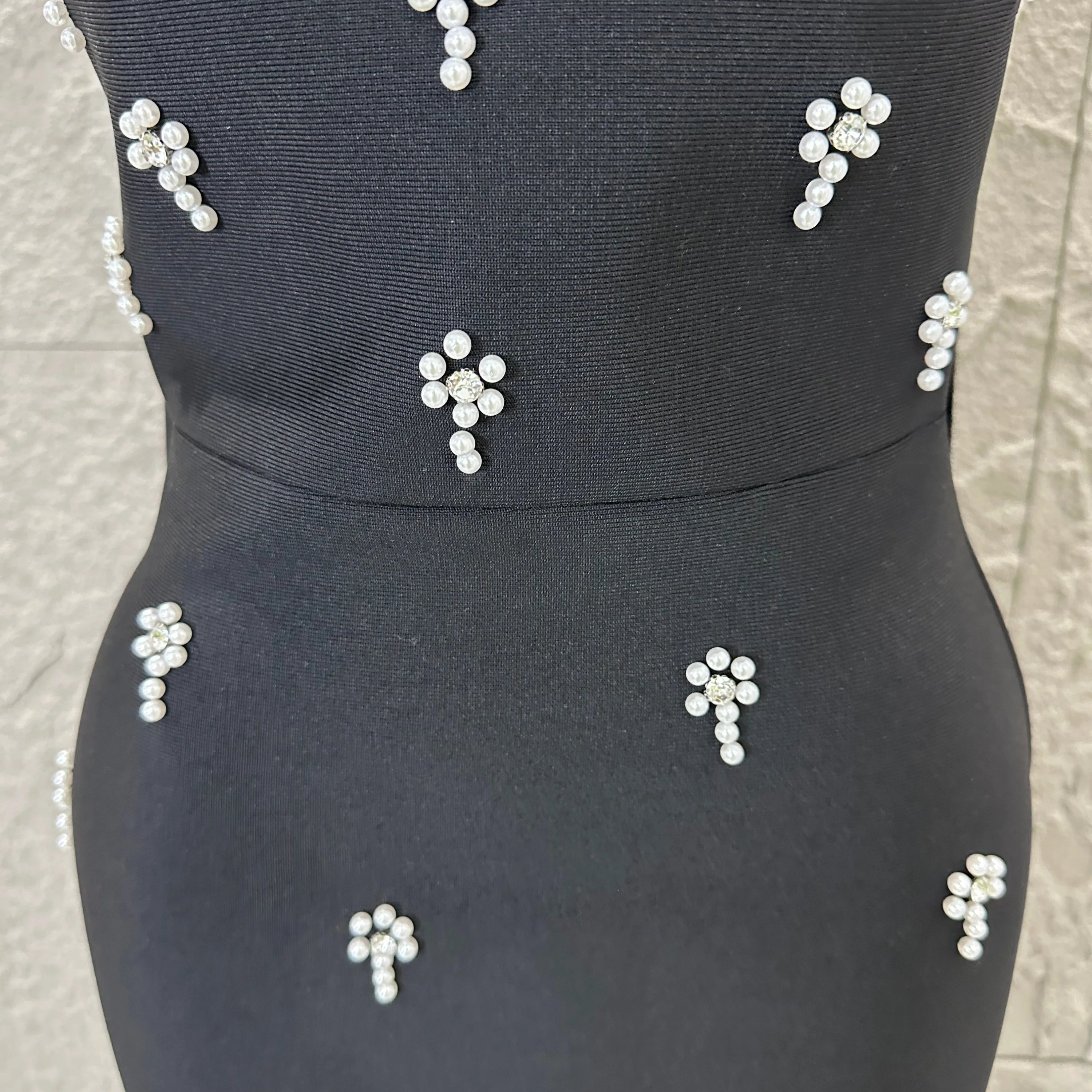 Sexy Black Pearl Studded Maxi Dress Halter Cape Bandage Bodycon Stage Birthday Party Nightclub Celebrate Photo Shoot Out