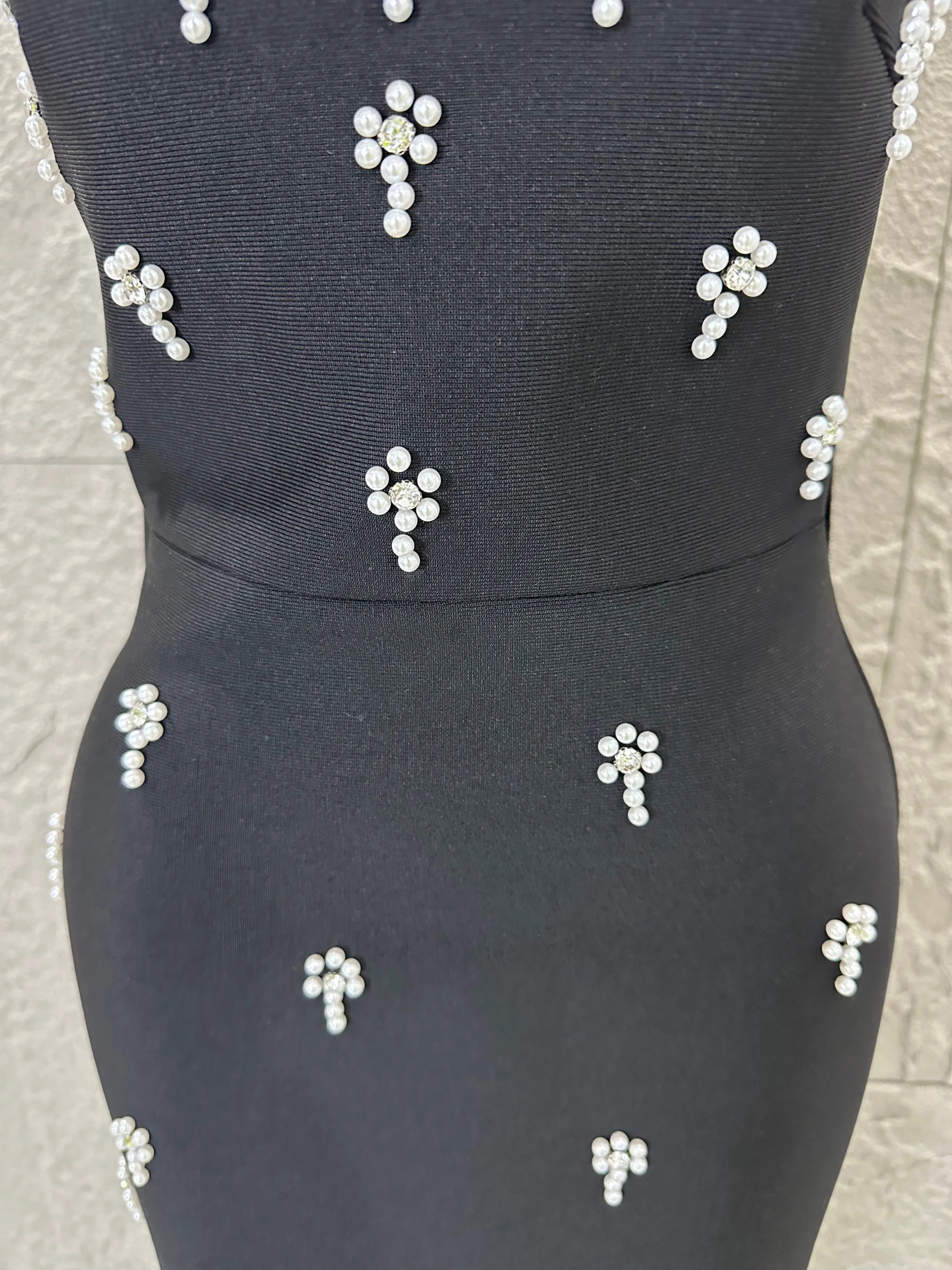 Sexy Black Pearl Studded Maxi Dress Halter Cape Bandage Bodycon Stage Birthday Party Nightclub Celebrate Photo Shoot Out