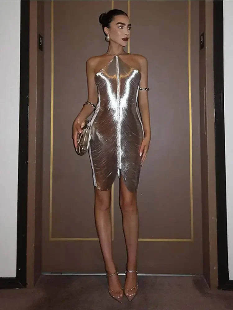 Sexy Fashion Metallic Halter Mini Dress For Women Female Sleeveless Backless Sliming Vestidos Lady Party Club Evening Gown Robe