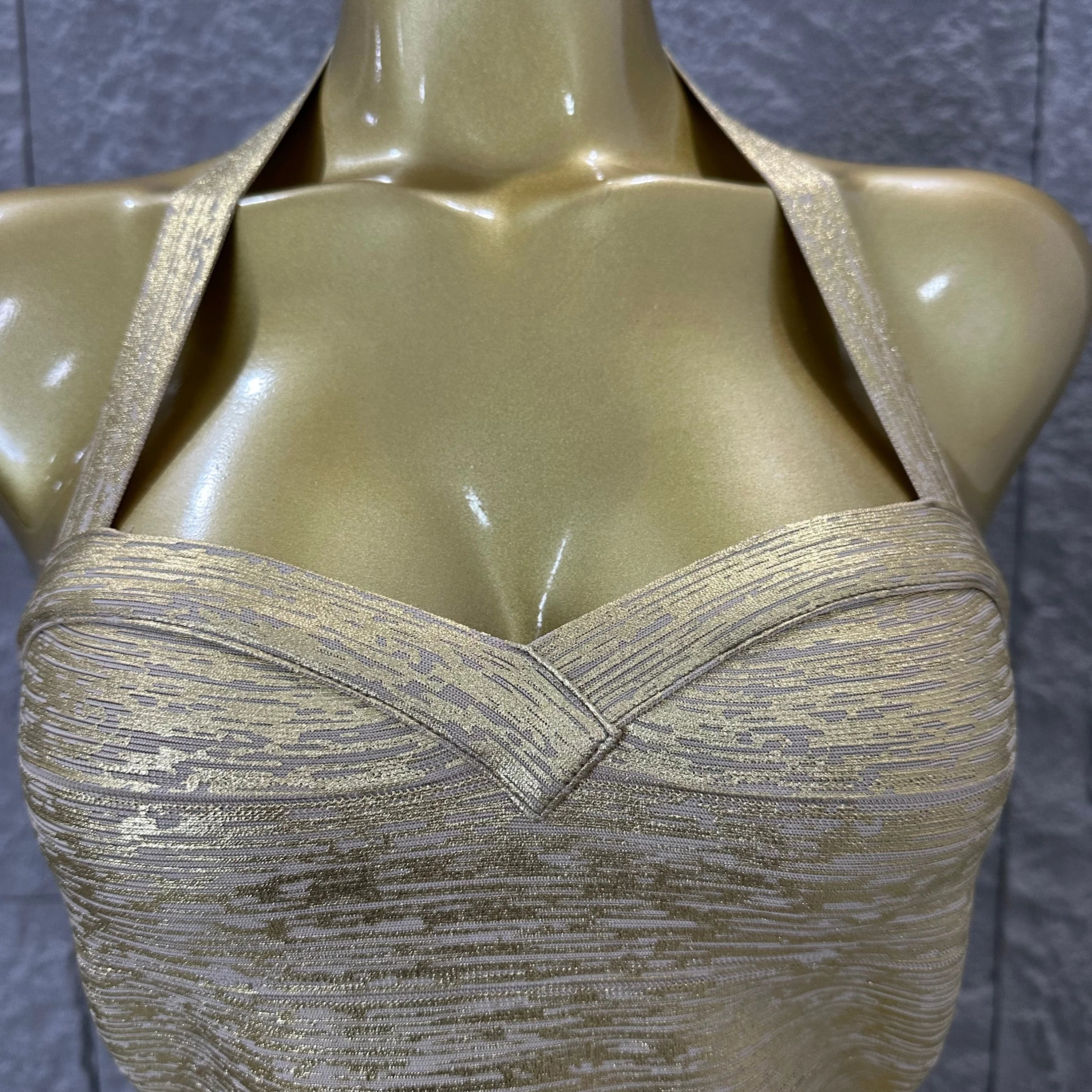 Elegant Gold Metallic Bandage Mini Dress Women Halter Neck Sweetheart Bodycon Formal Event Cocktail Party Costume
