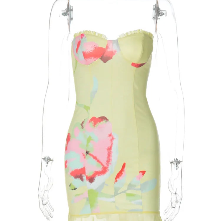 Off-shoulder Strapless Sexy Mini Dress For Women Robe Yellow Sleeveless Backless Ruffled Printed Club Dress Vestido