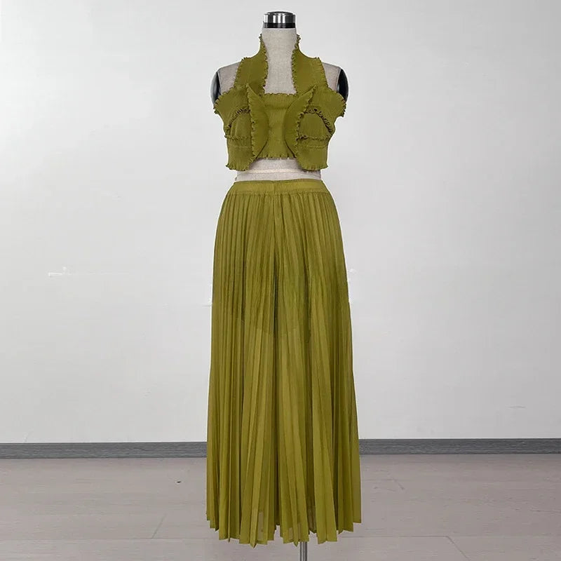 CM.YAYA Streetwear Women's Set Sleeveless Halter Crop Pleated Top+Wide Leg Pants Elegant 2024 Fall Party Two 2-Piece Set Outfits Light Green One Size
