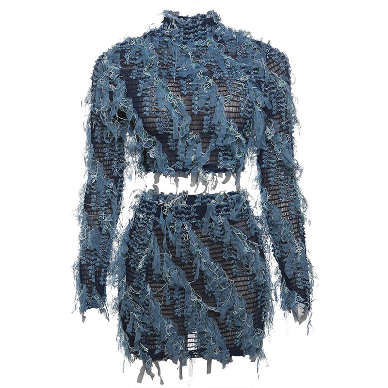 Weird Puss See Through Patchwork Women 2 Piece Set Elastic Tassel Thin Crop Tops+Skinny Skirts Matching Midnight Party Clubwear Blue