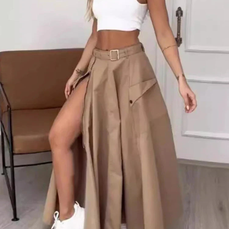 CM.YAYA Women Fashion Pocket Front Zipper Slit Slim High Waist Maxi Skirt Streetwear Casual Safari Solid Long Skirts