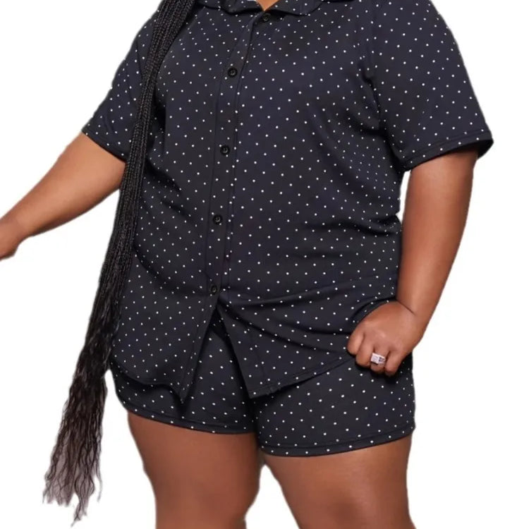 Plus Size Summer Polka Dot Print 2 Two Piece Set Women Casual Fashion Ladies Blouses High Waist Loose Woman Shorts
