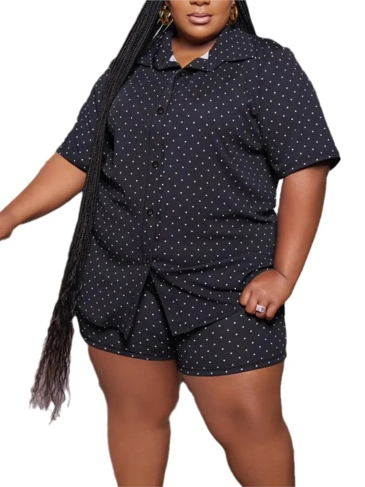 Plus Size Summer Polka Dot Print 2 Two Piece Set Women Casual Fashion Ladies Blouses High Waist Loose Woman Shorts