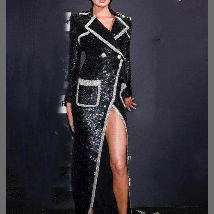 Celebrity Evening Cocktail Party Maxi Dress Women Polo Neck Long Sleeve Double breasted Pocket Design Slim Fit Split Long Dress black