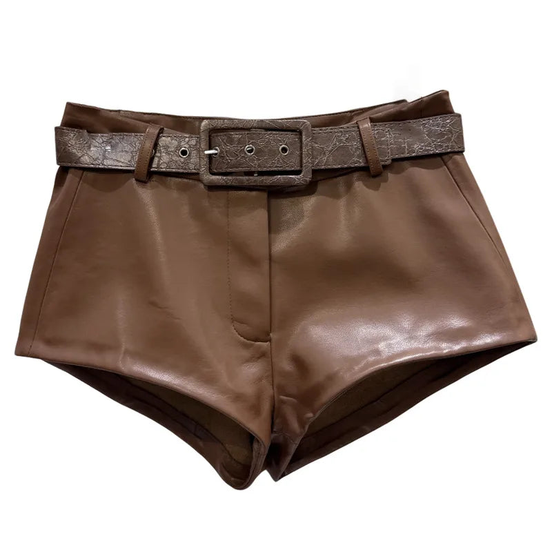 Winter New Style Trendy Pattern Belt PU Leather Curved Edge Short Pants For Women Solid Color Shorts Female 11A07470