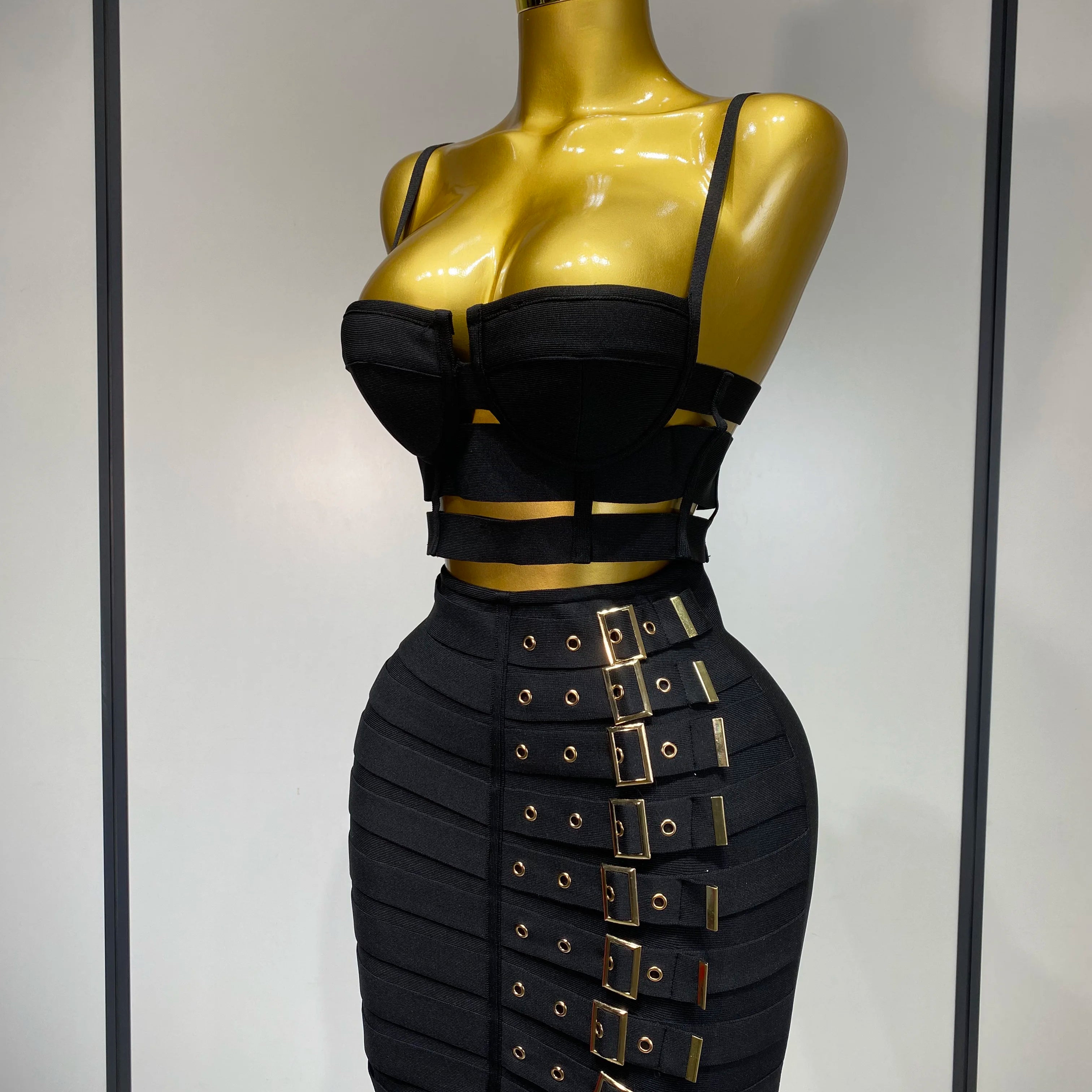 Women Sexy Black Cut Out Bodycon Bandage Skirt Two Piece Set 2025 Celebrity High Streeet Evening Birthday Club Party Outfits